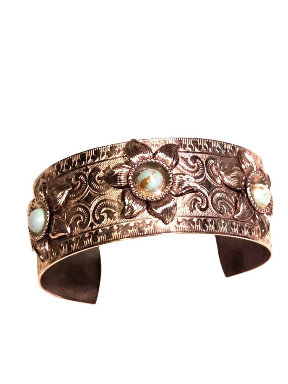 Vintage Silver Tone Floral Cuff Bracelet With Faux Turquoise Cabochon & Engraved
